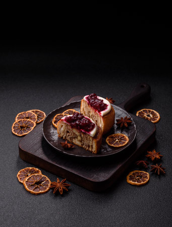 A sweet bun with citrus, cherries, and chocolate, a Danish dessert with cream. This bun as a food...