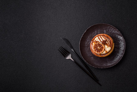 A sweet bun with citrus, cherries, and chocolate, a Danish dessert with cream. Bun as a food...