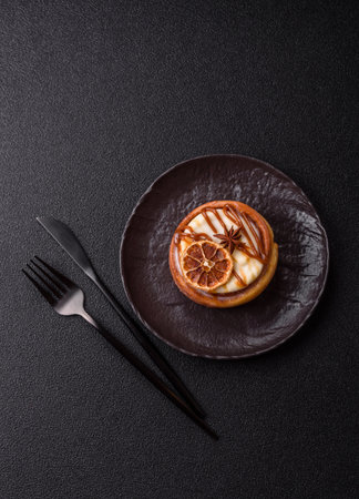 A sweet bun with citrus, cherries, and chocolate, a Danish dessert with cream. This bun can be used...