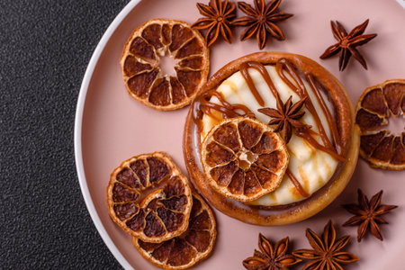 Cinnamon roll, a sweet bun with citrus, cherries, and chocolate, a Danish dessert with cream....