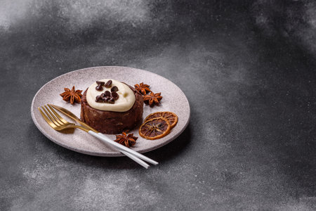 Cinnamon roll, a sweet bun with citrus, cherries, and chocolate, a Danish dessert with cream.