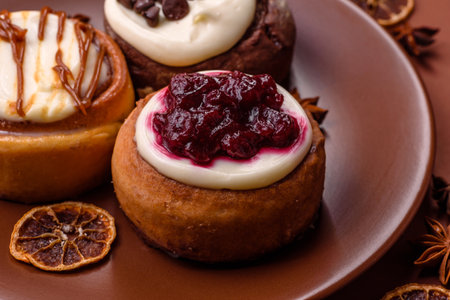 Cinnamon roll, a sweet bun with citrus, cherries, and chocolate, a Danish dessert with cream....