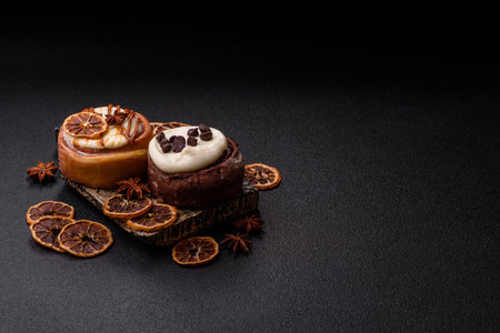 Cinnamon roll, a sweet bun with citrus, cherries, and chocolate, a Danish dessert with cream.