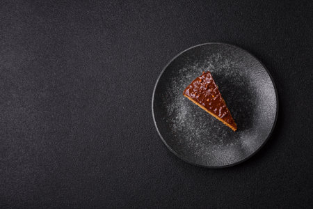 A slice of sweet layered cake covered in chocolate with nuts and caramel. A slice of chocolate cake...