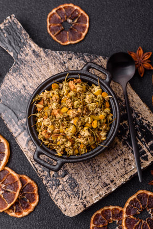 Dried chamomile flowers, herbal tea in a bowl for a hot morning drink. Dried chamomile as a background for your design.の写真素材