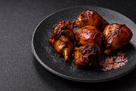 Fried chicken legs with teriyaki sauce, oven baked meat. Chicken legs as a food backdrop for your designの写真素材