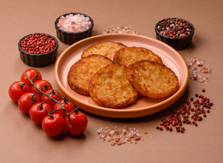 Potato hash browns, a cooked vegetable breakfast food. Potato hash browns as a food background for...