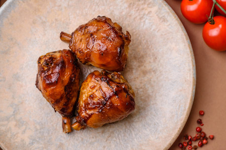 Fried chicken legs with teriyaki sauce, oven baked meat. Chicken legs as a food backdrop for your designの写真素材