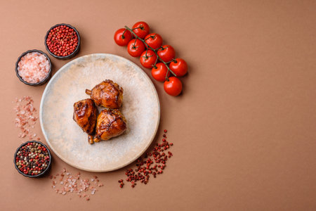 Fried chicken legs with teriyaki sauce, oven baked meat. Chicken legs as a food backdrop for your designの写真素材