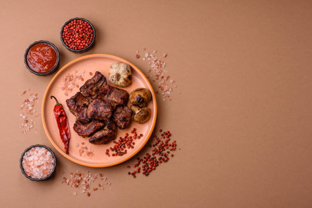Beef, grilled meat in pieces, or kebab with sauce and vegetables. Beef in pieces as a food background for your designの写真素材