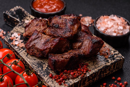 Beef, grilled meat in pieces, or kebab with sauce and vegetables. Beef in pieces as a food background for your designの写真素材