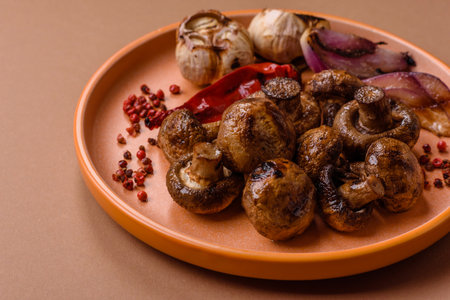 Grilled mushroom pieces, a vegetarian healthy meal with sauce. Barbecue mushroom halves as a food backdrop for your designの写真素材