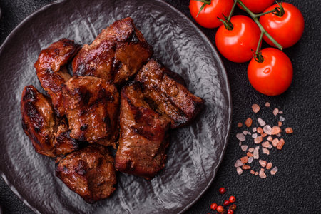 Beef, grilled meat in pieces, or kebab with sauce and vegetables. Beef in pieces as a food background for your designの写真素材