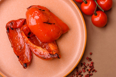 Grilled red bell peppers, vegetarian food. Red bell peppers as a food background for your design.の写真素材