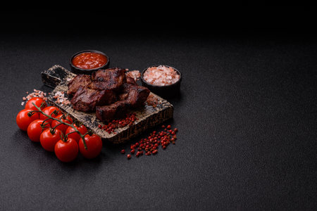 Beef, grilled meat in pieces, or kebab with sauce and vegetables. Beef in pieces as a food background for your designの写真素材