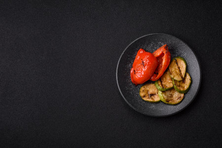 Grilled red bell peppers. Red bell peppers as a background for your design.の写真素材