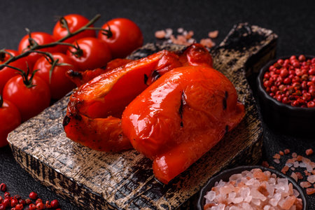 Grilled red bell peppers, vegetarian food. Red bell peppers as a food background for your design.の写真素材