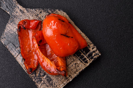 Grilled red bell peppers, vegetarian food. Red bell peppers as a food background for your design.の写真素材