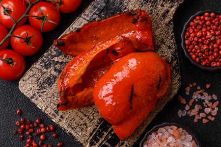 Grilled red bell peppers, vegetarian food. Red bell peppers as a food background for your design.の写真素材