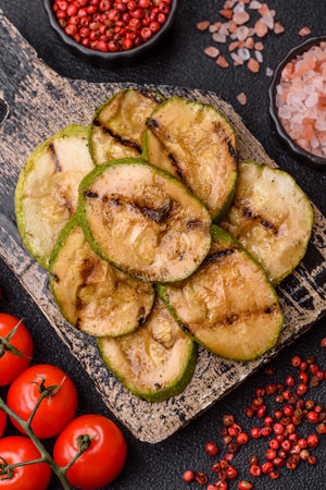 Grilled green zucchini slices, vegetarian food. Green barbecue zucchini as a food background for your designの写真素材