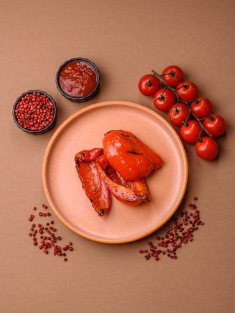 Grilled red bell peppers, vegetarian food. Red bell peppers as a food background for your design.の写真素材