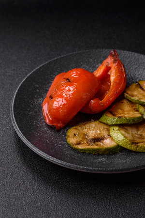 Grilled red bell peppers, vegetarian food. Red bell peppers as a food background for your design.の写真素材