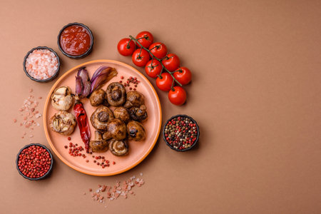 Grilled mushroom pieces, a vegetarian healthy meal with sauce. Barbecue mushroom halves as a food backdrop for your designの写真素材