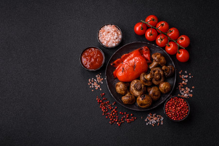 Grilled mushroom pieces, a vegetarian healthy meal with sauce. Barbecue mushroom halves as a food backdrop for your designの写真素材