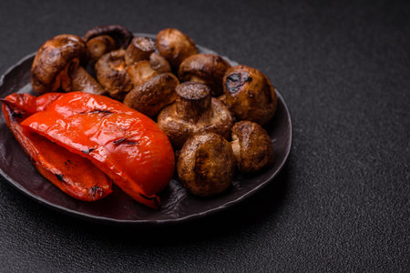 Grilled mushroom pieces, a vegetarian healthy meal with sauce. Barbecue mushroom halves as a food...