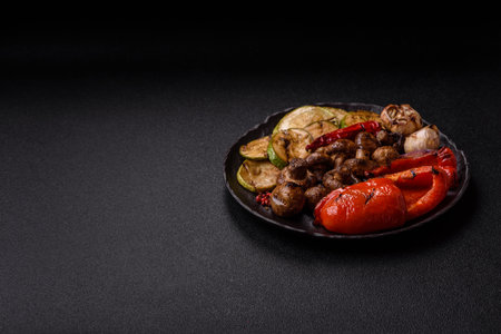 Grilled vegetables, bell peppers, mushrooms, and zucchini, a vegetarian healthy meal with sauce. Grilled vegetables on a plate as a food background for your design.の写真素材
