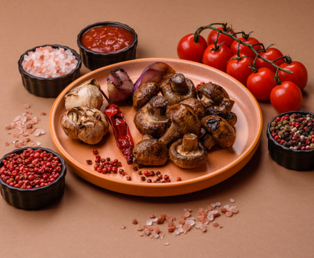 Grilled mushroom pieces, a vegetarian healthy meal with sauce. Barbecue mushroom halves as a food backdrop for your designの写真素材