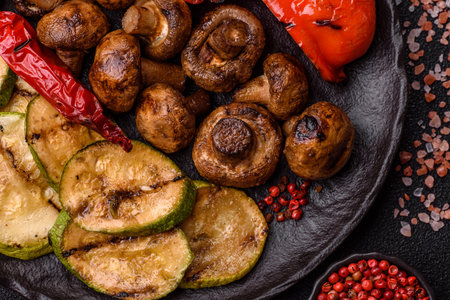 Grilled vegetables, bell peppers, mushrooms, and zucchini, a vegetarian healthy meal with sauce. Grilled vegetables on a plate as a food background for your design.の写真素材