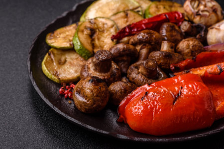 Grilled vegetables, bell peppers, mushrooms, and zucchini, a vegetarian healthy meal with sauce. Grilled vegetables on a plate as a food background for your design.の写真素材