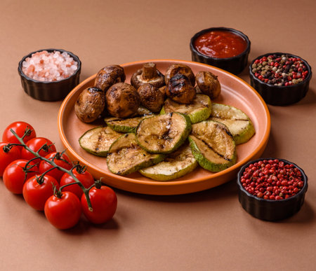 Grilled green zucchini slices, vegetarian food. Green barbecue zucchini as a food background for your designの写真素材