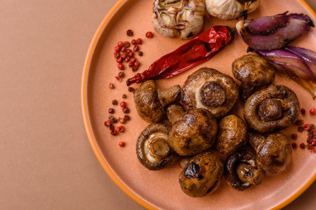 Grilled mushroom pieces, a vegetarian healthy meal with sauce. Barbecue mushroom halves as a food backdrop for your designの写真素材