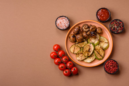 Grilled green zucchini slices, vegetarian food. Green barbecue zucchini as a food background for your designの写真素材