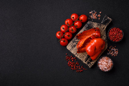 Grilled red bell peppers, vegetarian food. Red bell peppers as a food background for your design.の写真素材