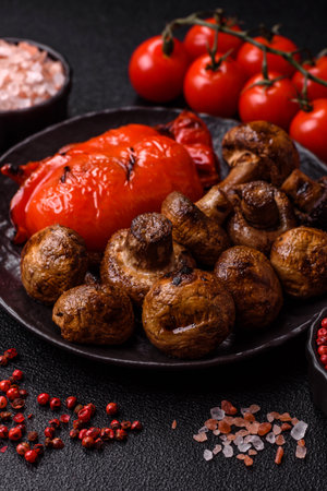 Grilled mushroom pieces, a vegetarian healthy meal with sauce. Barbecue mushroom halves as a food backdrop for your designの写真素材