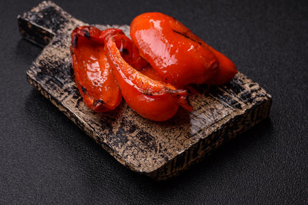Grilled red bell peppers, vegetarian food. Red bell peppers as a food background for your design.の写真素材