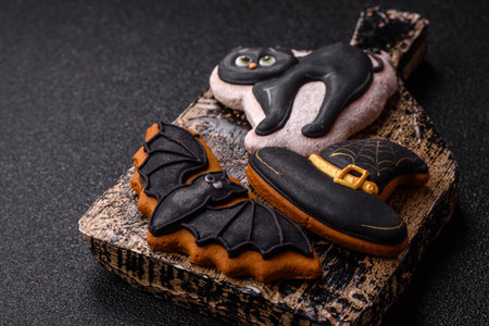 Halloween cookies, sweets, or gingerbread, a cat, a bat, and a hat. Halloween cookies as a backdrop for your design.の写真素材