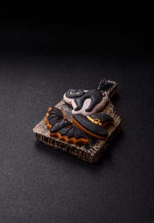 Halloween cookies, sweets, or gingerbread, a cat, a bat, and a hat. Halloween cookies as a backdrop for your design.の写真素材