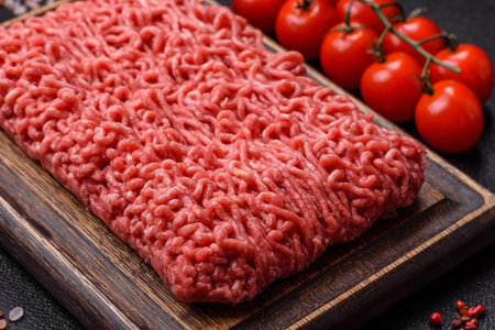 Raw ground beef for a burger or as an ingredient in a meat dish. Raw ground beef as a food background for your designの写真素材