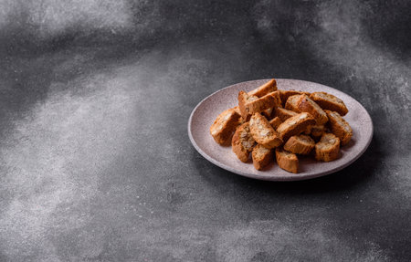 Italian cantuccini cookies with almonds, a sweet biscuit dessert. Cantuccini cookies as a food backdrop for your designの写真素材