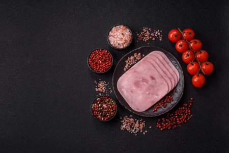 Meat, square ham sliced, protein for snacks. Sliced ham as a food background for your designの写真素材