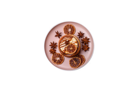 Cinnamon roll, a sweet bun with citrus, cherries, and chocolate, a Danish dessert with cream....