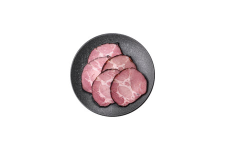 Ham, a meat cooked and sliced for sandwiches or Christmas table. Ham slices as a food background for...