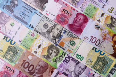 Paper money, banknotes of different countries in several denominations as a business background....