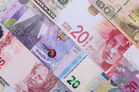 Paper money, banknotes of different countries in several denominations as a business background....