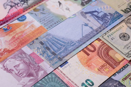 Paper money, banknotes of different countries in several denominations as a business background....