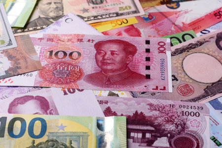 Paper money, banknotes of different countries in several denominations as a business background....
